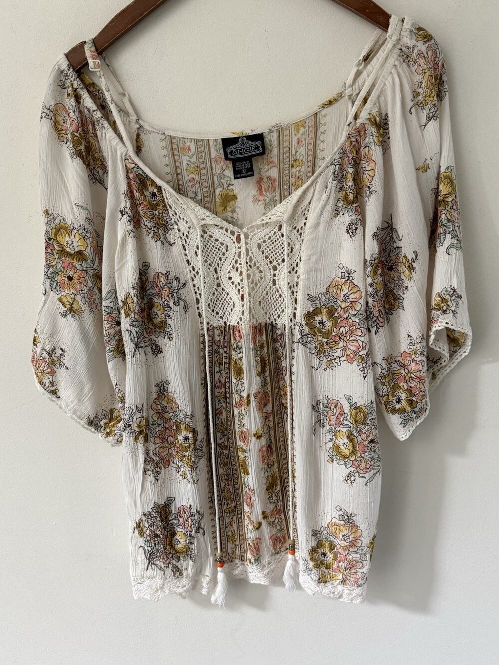 Angie Boho Floral Babydoll Blouse Womens Large Long Sleeve Peasant Cottagecore